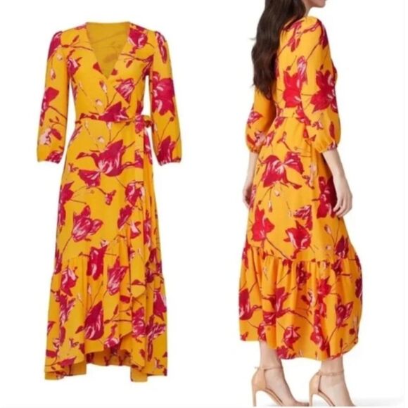 Color Me Courtney Eleanor Wrap yellow maxi belted Dress Floral Long Sleeves M - Picture 2 of 11